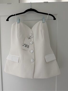 ZARA Ivory Strapless Blazer Top with Covered Buttons